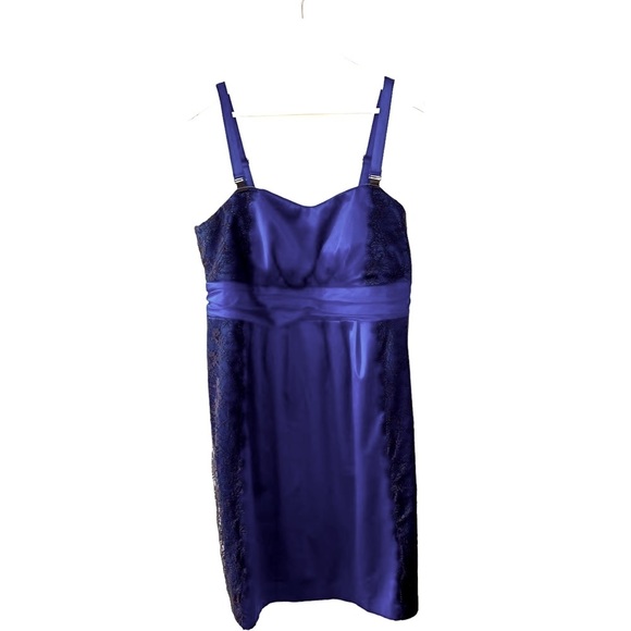 Michel Antoni Satin Cocktail Dress Size 14 Blue & Black Lace Special Occasion - Picture 1 of 13